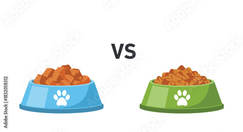 Comparison concept of two different types of dry pet food in a blue and a green bowl with a versus 'VS' sign.