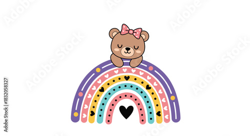 Cute cartoon teddy bear girl with a pink bow sleeping on a colorful pastel boho-style rainbow with hearts.
