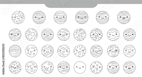 Tracing and coloring worksheet for preschoolers with a collection of cute kawaii planets with different faces and patterns.