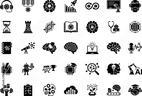Advanced Technology and Artificial Intelligence Glyph Icons Pack for Machine Learning, Data Science, Robotics, and Future Innovations Projects