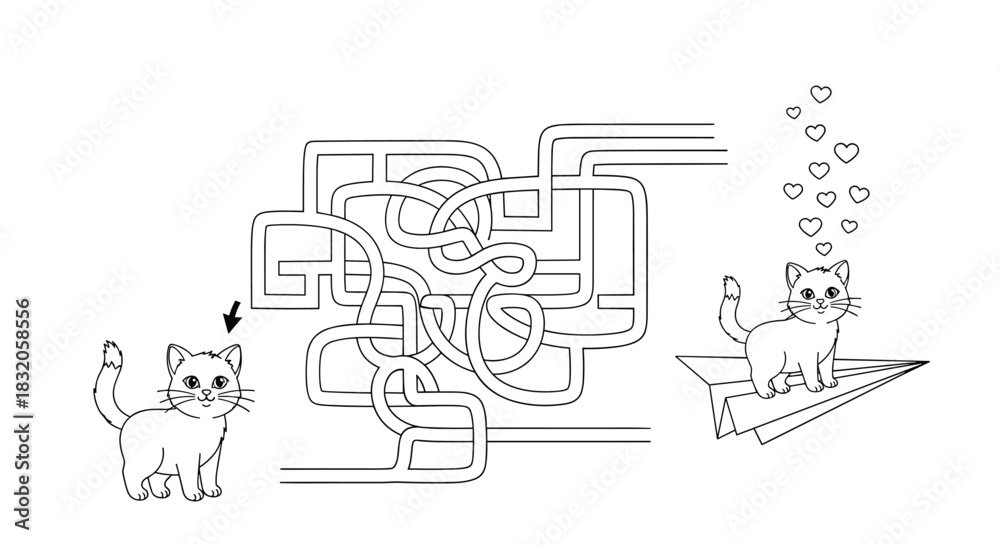 Obraz premium Maze puzzle coloring page for kids to help a cute kitten find its way through a labyrinth to a paper airplane.