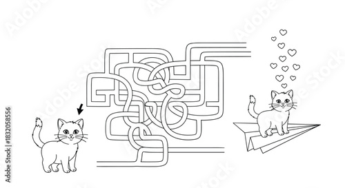 Maze puzzle coloring page for kids to help a cute kitten find its way through a labyrinth to a paper airplane.