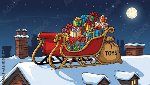 Santas red sleigh overflowing with colorful wrapped christmas presents and a sack of toys sits on a snowy rooftop under a full moon night sky with chimney