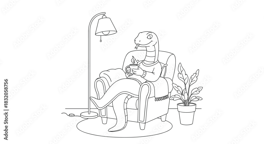 Fototapeta premium Coloring page of a cozy snake character in a sweater relaxing in an armchair with a cup of hot drink.