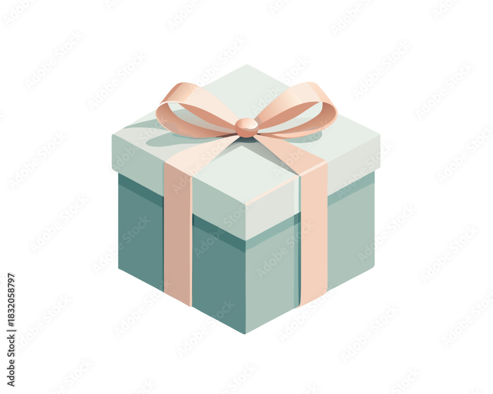 Fototapeta premium minimal gift box with ribbon bow, geometric square shape, clean thin outlines, soft muted colors, modern scandi aesthetic, isolated on white background, vector flat design 