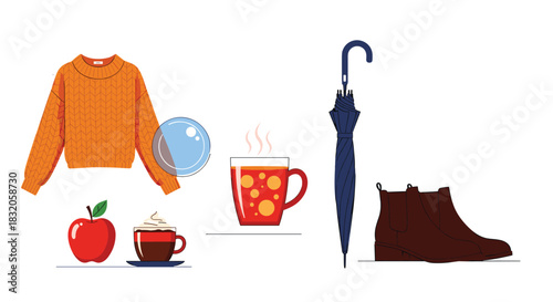 Collection of cozy autumn season items including a sweater, hot drinks, an apple, boots, and an umbrella.