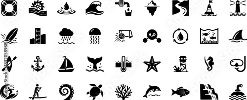 Comprehensive Water & Aquatic Life Glyph Icon Pack: A versatile collection of solid pictograms for marine biology, ocean sports, nature, and hydrology projects