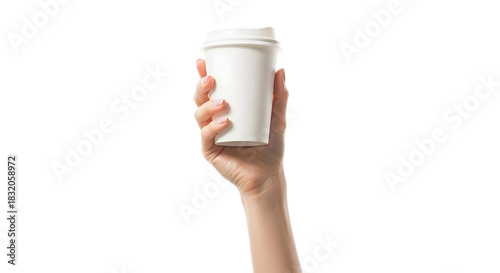 Womans hand holding a white paper cup on white background studio shot