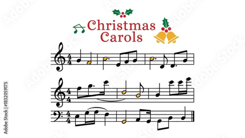 Musical score excerpt featuring traditional christmas carols notation with festive holly and bell decorations