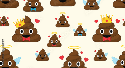 Seamless pattern with cute and funny poop emoji characters wearing crowns, angel wings, and bow ties on a beige background.