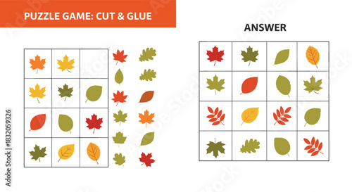 Puzzle game for kids to cut and glue various autumn leaves to complete a sudoku-style grid with an answer key.