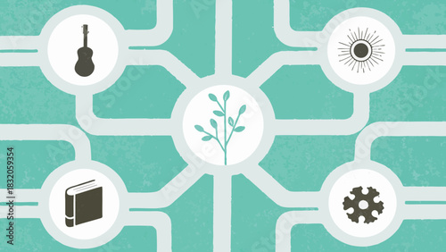 Glowing Mycelial Network Illustration: AI and Interconnected Knowledge as Underground Fungal Threads Connecting Diverse Objects