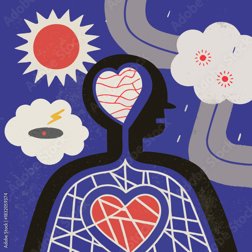 Vintage Topographic Weather Map Illustration within Human Silhouette - Emotional Metaphor for Anxiety, Hope, and Gut Feelings