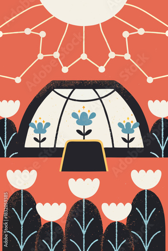 Soft Sci-Fi Lunar Agriculture Illustration: Person in Modular Clothing Charting Constellations in Moon Base Biodome with Glowing Plants