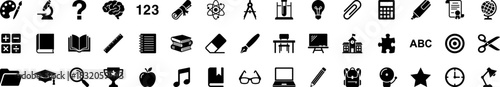 A comprehensive collection of black glyph icons for education, learning, and school subjects, perfect for academic projects, websites, and educational materials