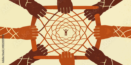 Hand Drawn "Social Safety Net" Illustration: Diverse Hands Weaving a Golden Mesh to Catch a Falling Figure - Community Support Metaphor