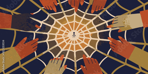 Hand Drawn "Social Safety Net" Illustration: Diverse Hands Weaving a Golden Mesh to Catch a Falling Figure - Community Support Metaphor