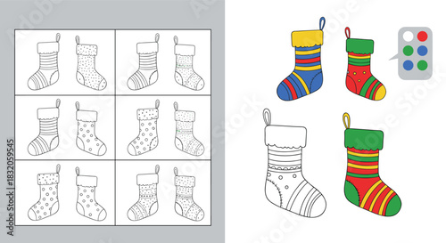 Color by example educational game for kids with Christmas stockings, a color palette, and sample colored versions.