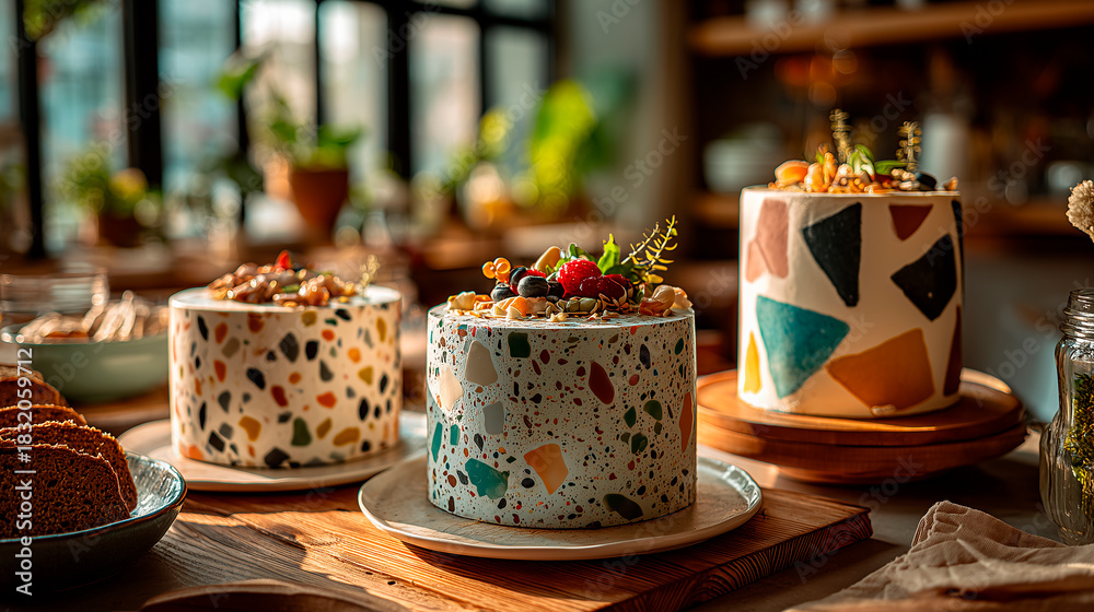 Naklejka premium Three modern terrazzo cakes with speckled icing and colorful chips. Clean slices reveal glossy glaze and chocolate shards. Set in a pastel bakery environment.