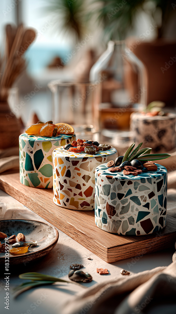 Naklejka premium Three modern terrazzo cakes with speckled icing and glossy glaze. Displayed on a wooden board with chocolate shards and colorful chips. Minimalist bakery setting.