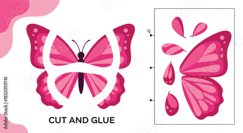 Cut and glue puzzle craft for children to assemble a beautiful pink butterfly from several pre-cut paper pieces.