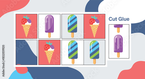 Cut and glue puzzle game for children to complete the picture grid with different types of ice cream and popsicles.
