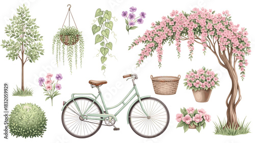 Watercolor illustration set of spring garden elements including a bicycle, flowering tree, potted plant, bush, and hanging vine isolated on