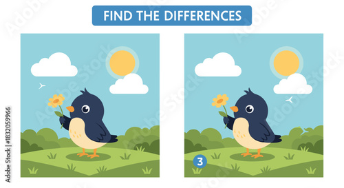 Find the differences educational picture puzzle for children featuring a cute bird holding a flower in a sunny field.