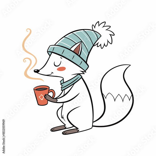 Cute cartoon arctic fox wearing a winter hat and scarf holding a warm drink