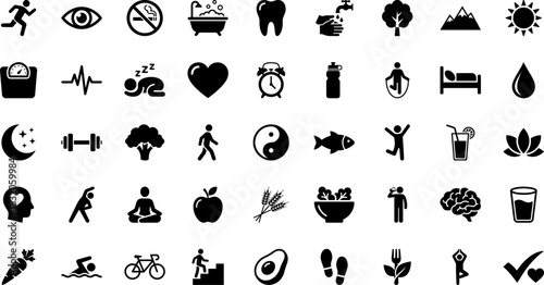 Versatile Healthy Lifestyle & Wellness Icon Pack: A clean, minimal pictogram collection for fitness, nutrition, self-care, and mind-body balance