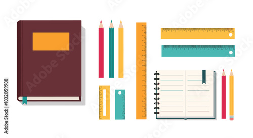 Set of school and office supplies including notebooks, colored pencils, and rulers of various sizes and colors.