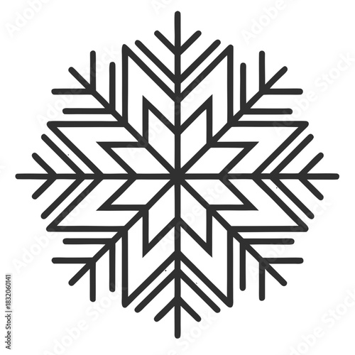 minimal geometric snowflake, symmetrical line shapes, ultra-clean structure, thin black stroke, nordic style, isolated on white background, crisp winter symbol, vector line icon
