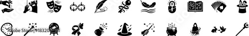 A comprehensive collection of solid glyph icons depicting magic, fantasy, and illusion, perfect for mystical projects, sorcery themes, and fantasy RPG games