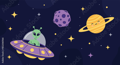 Cute cartoon green alien in a purple UFO flying through outer space with a smiling planet Saturn, an asteroid, and bright stars.