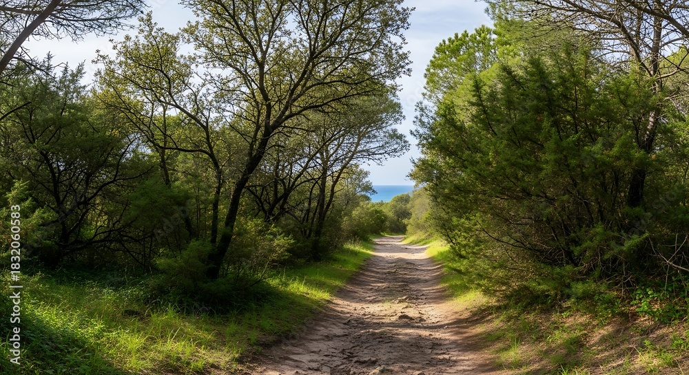Fototapeta premium A serene path winds through lush trees and vibrant greenery, leading toward a glimpse of the ocean under a clear sky