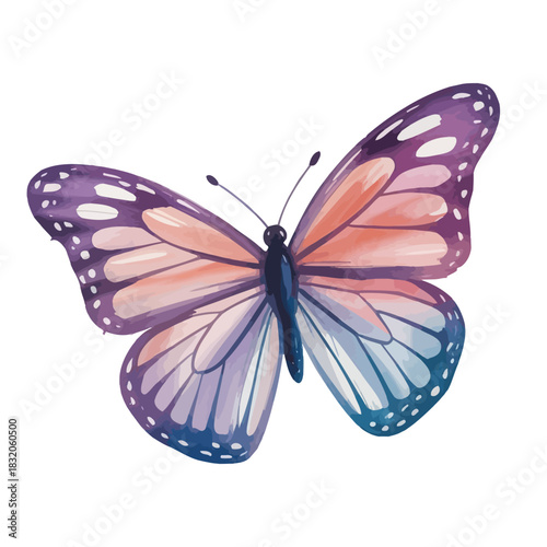 Watercolor Butterfly Illustration. Vibrant Purple, Pink, and Blue Wings with White Accents on White Background
