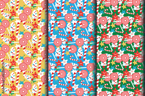 Festive red and white striped holiday candies with swirl lollipops heart treats and star shapes forming a clean decorative seasonal vector repeat design