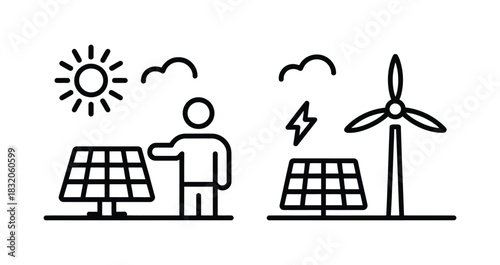 Solar Panel & Wind Turbine Icons — Renewable Energy, Green Power, Sustainable Electricity Line Art Vector