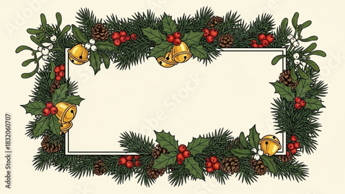 Vintage style christmas frame border decorated with evergreen pine branch, holly berry, pinecone, and golden jingle bell, perfect for holiday greeting card or festive announcement