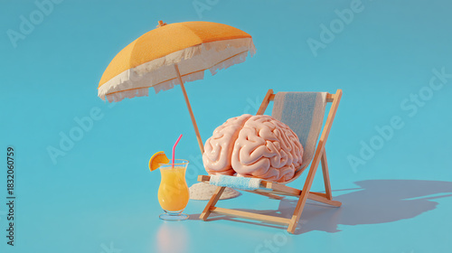 Brain resting on the beach with refreshment and umbrella in a vibrant summer day