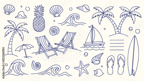Collection of hand drawn beach and summer vacation icons in blue outline style, perfect for travel design elements
