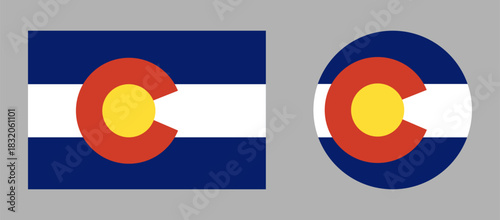 Colorado rectangle, circle flag badges. State of Colorado symbol icons. USA circular, rectangular shape button, banner set.