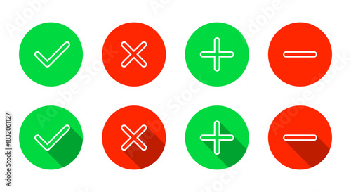 Check mark, cross, add, and remove outline icon. Checkmark, X, plus, and minus symbol with long shadow