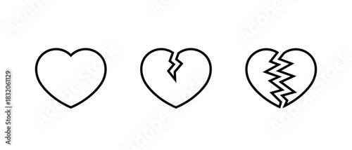 Heart and heartbreak outline icon. Love and broken heart symbol. Romantic and divorce sign