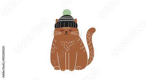 Cute orange cat with winter hat vector illustration design