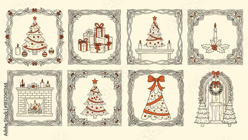 Collection of eight vintage style christmas and holiday decorative motifs featuring stylized christmas tree designs, gifts, and fireplace scenes in a monochromatic pattern
