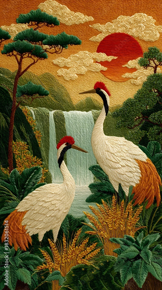 Naklejka premium Elegant embroidered cranes with waterfall and rising sun nature scene
