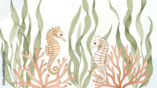 Watercolor illustration of two charming seahorses nestled among delicate pink coral and flowing green seaweed in an underwater scene