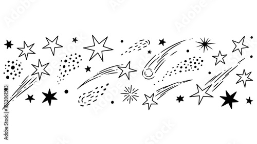 Collection of hand drawn black and white doodle stars, shooting stars, and comet elements isolated on