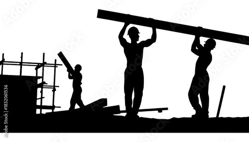 Construction workers carrying wood silhouette building project